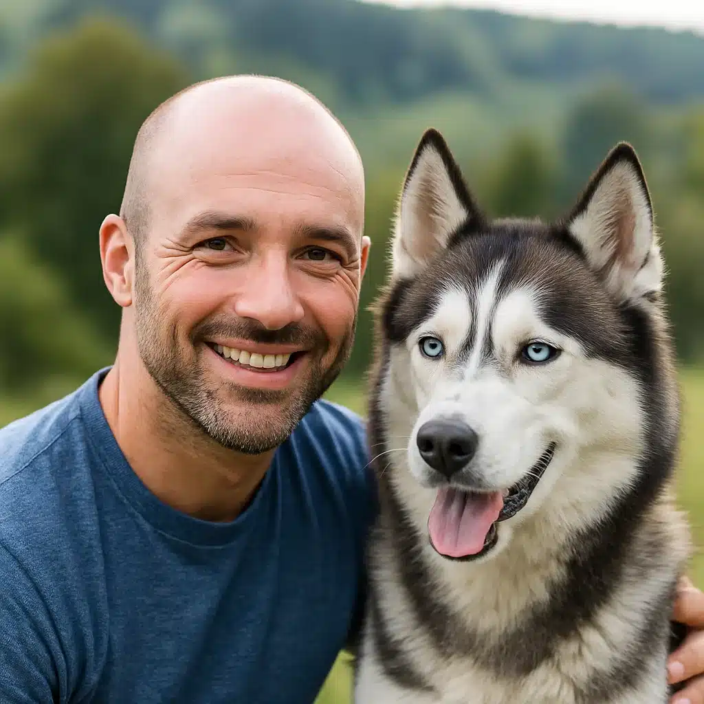 Smiling man with a Siberian Husky outdoors