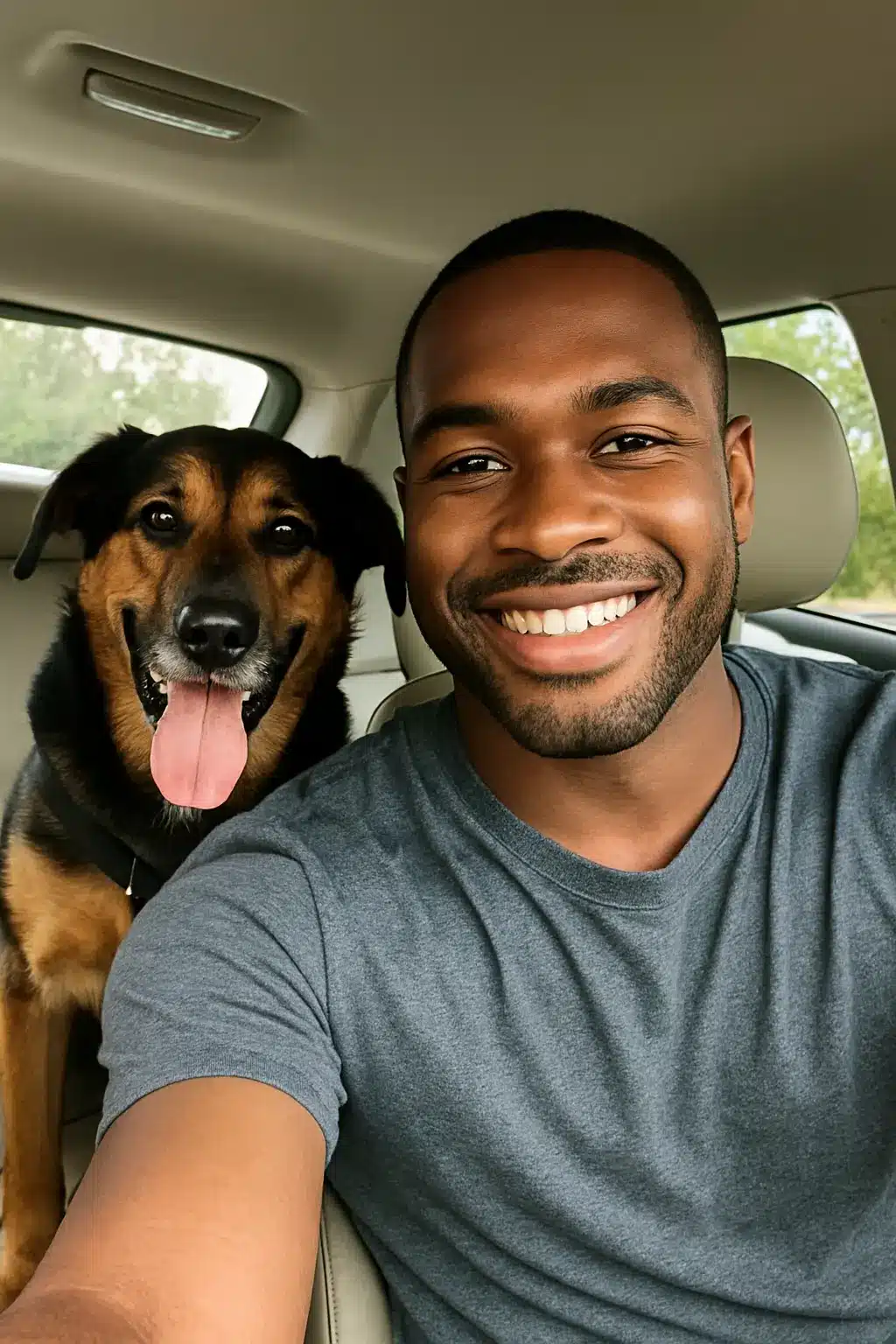 Man taking a selfie with his happy dog in the car