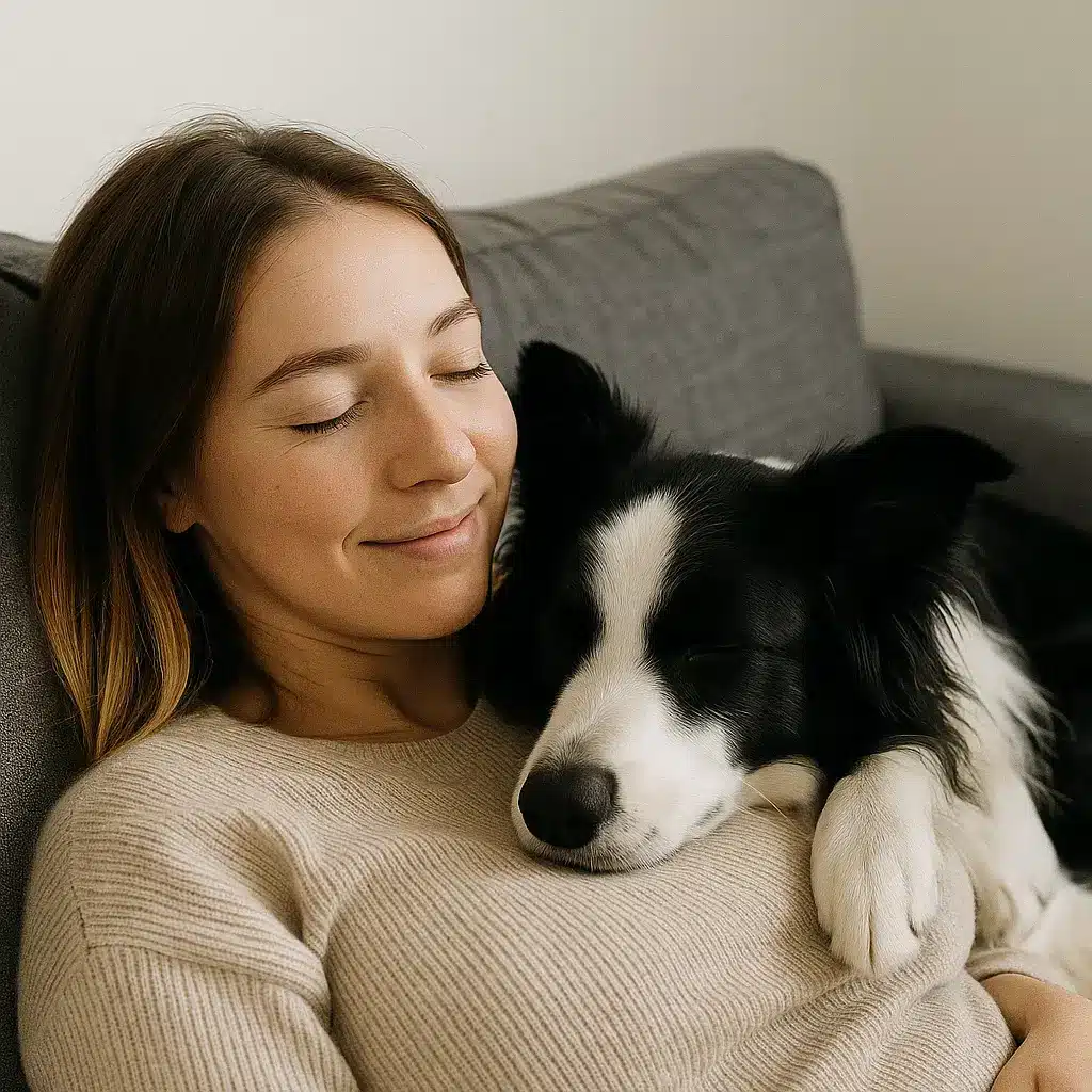 "Woman peacefully resting on a couch with her sleeping Border Collie