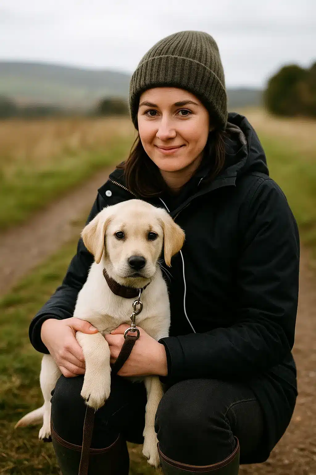 Woman kneeling on a country path holding a Labrador Retriever puppy on a leash