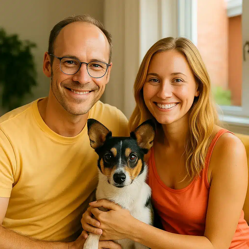 "Smiling couple sitting on a couch with their small dog between them
