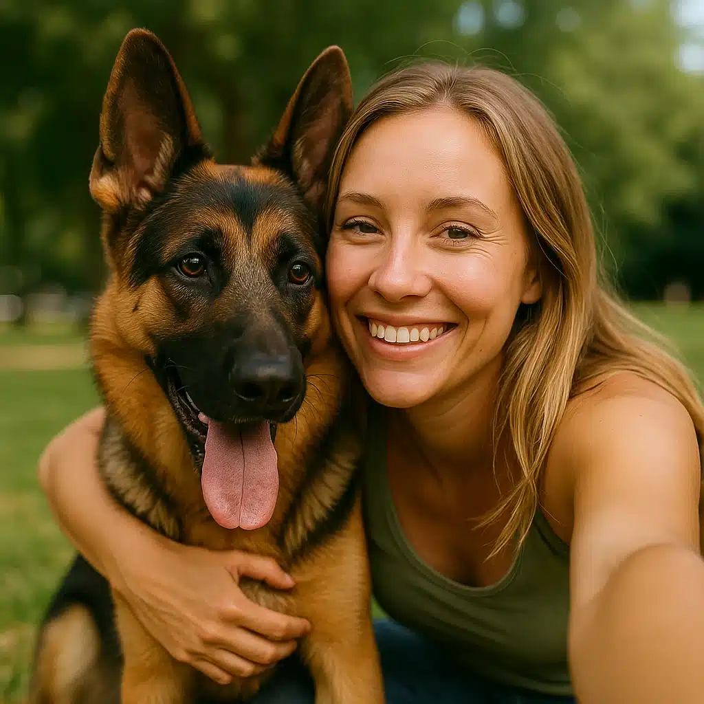 Smiling woman hugging her German Shepherd dog in a park