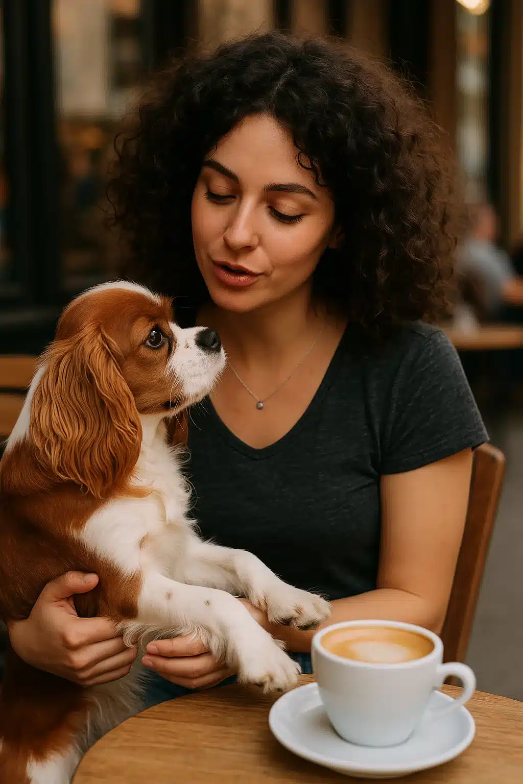 Woman talking to her Cavalier King Charles Spaniel at an outdoor café
