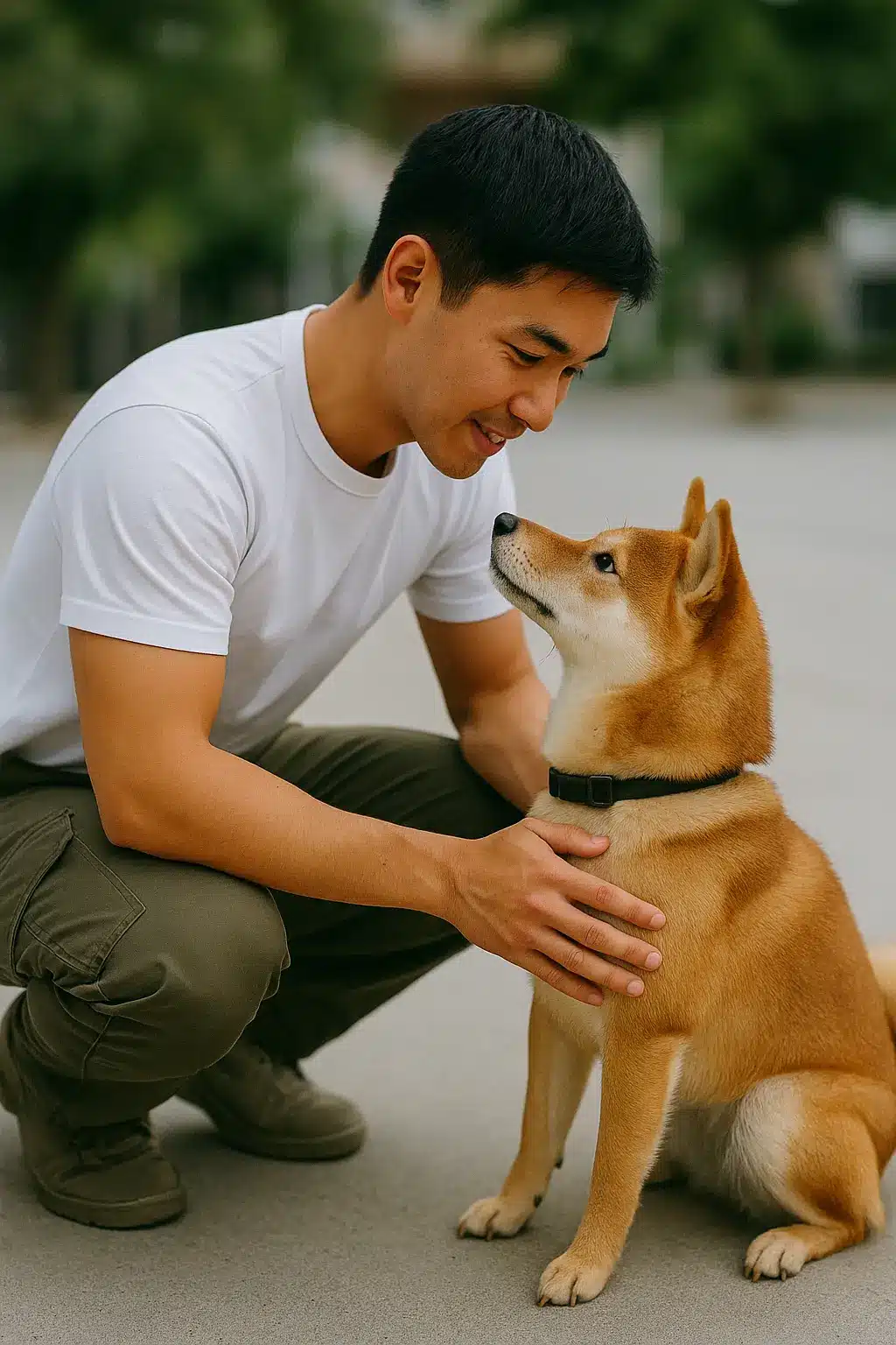Young man crouching and smiling at his Shiba Inu dog outdoors