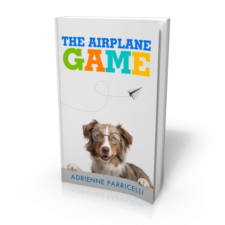 Airplane Game" by Adrienne Farricelli featuring a dog wearing glasses and a paper airplane graphic.