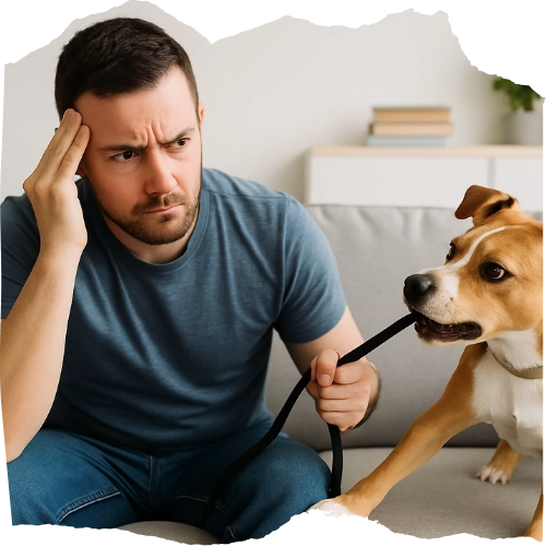 Frustrated man sitting on couch while dog pulls on leash indoors.