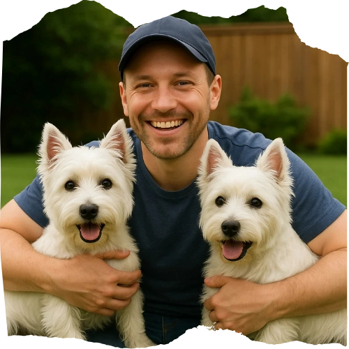 Smiling man kneeling with two happy West Highland White Terriers outdoors.