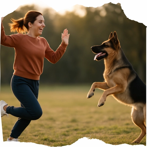 Woman playing with a jumping German Shepherd in an open field.
