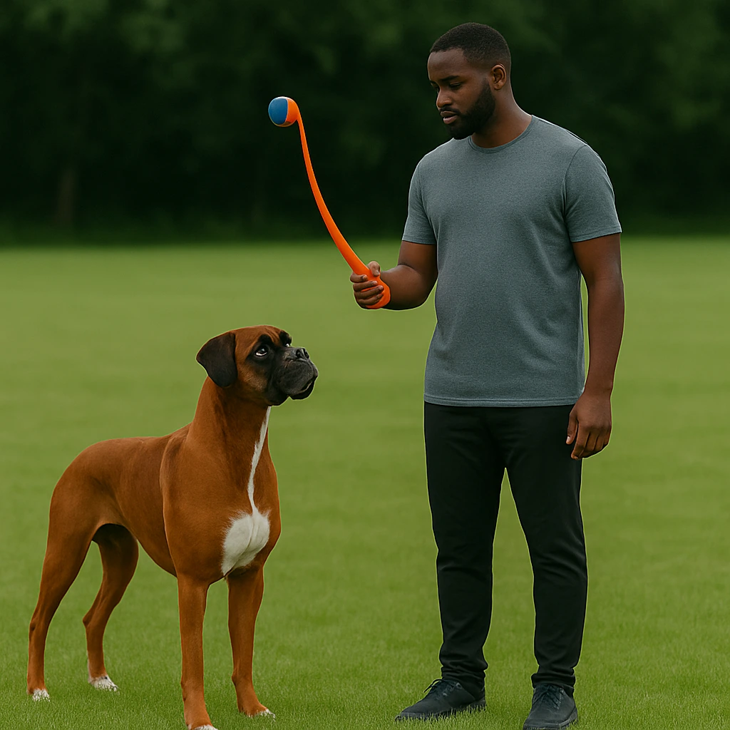 Man holding a ball launcher while a Boxer dog attentively looks at it