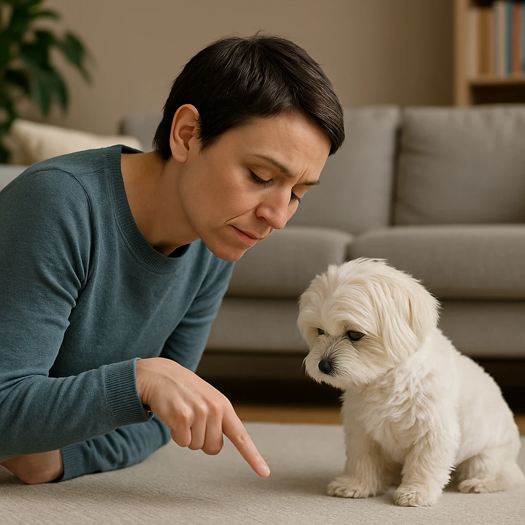 Woman pointing and scolding a small white dog indoors.