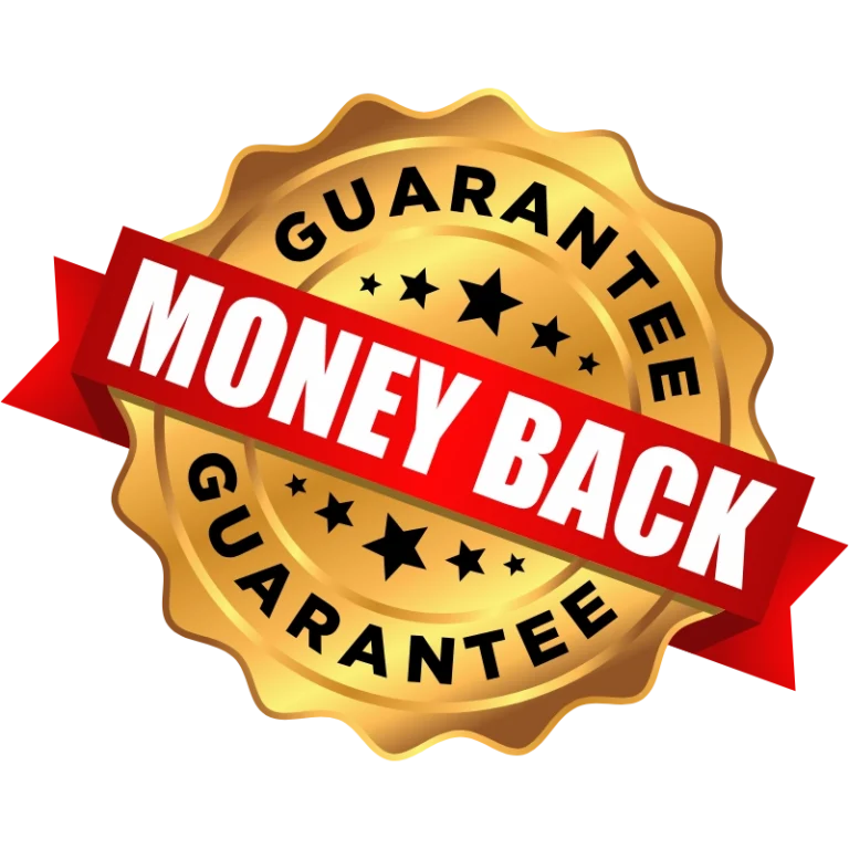 Gold seal with red ribbon stating "Money Back Guarantee".